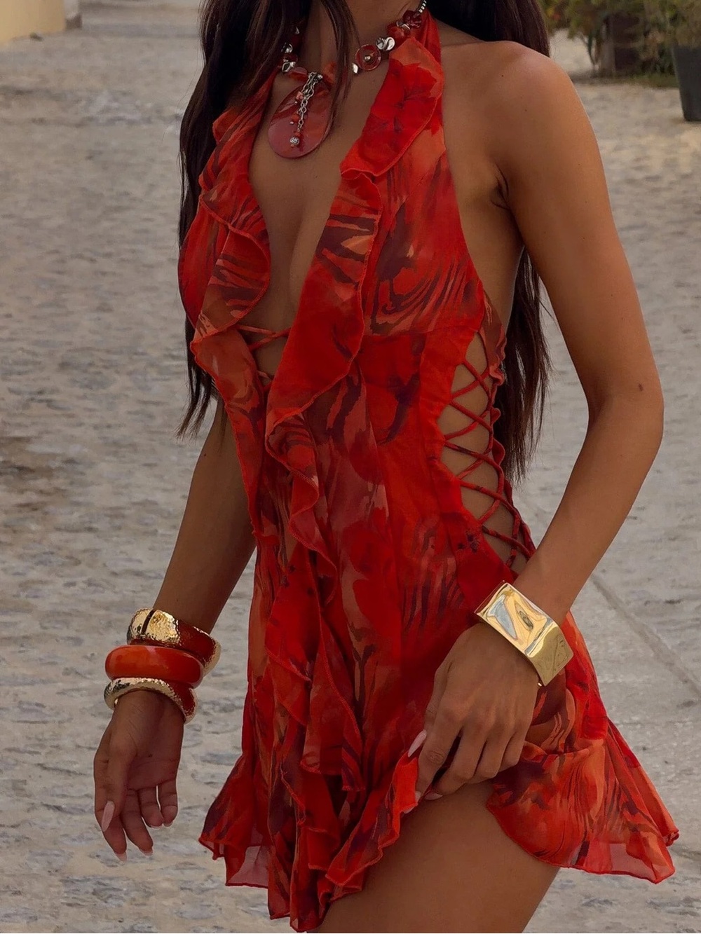 Red Floral Halter Mini Dress with Lace-Up Front